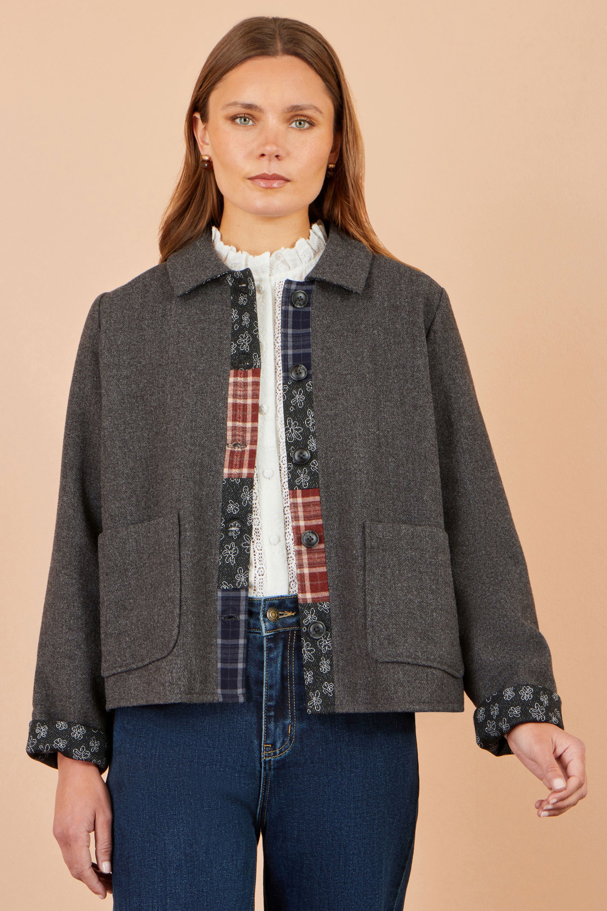 Yumi Grey Patchwork Boxy Jacket Outerwear Yumi