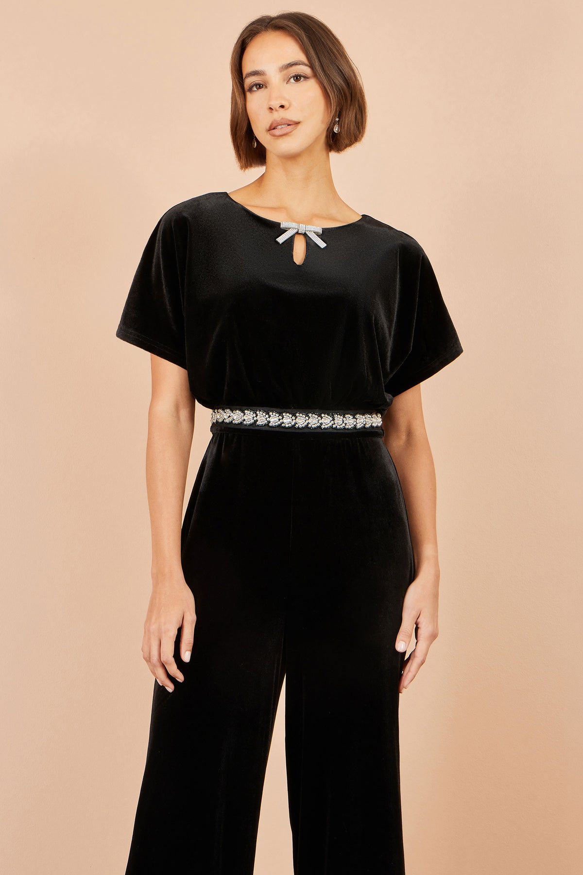 Yumi Black Velvet Jumpsuit With Diamante Embellishment Jumpsuit Yumi