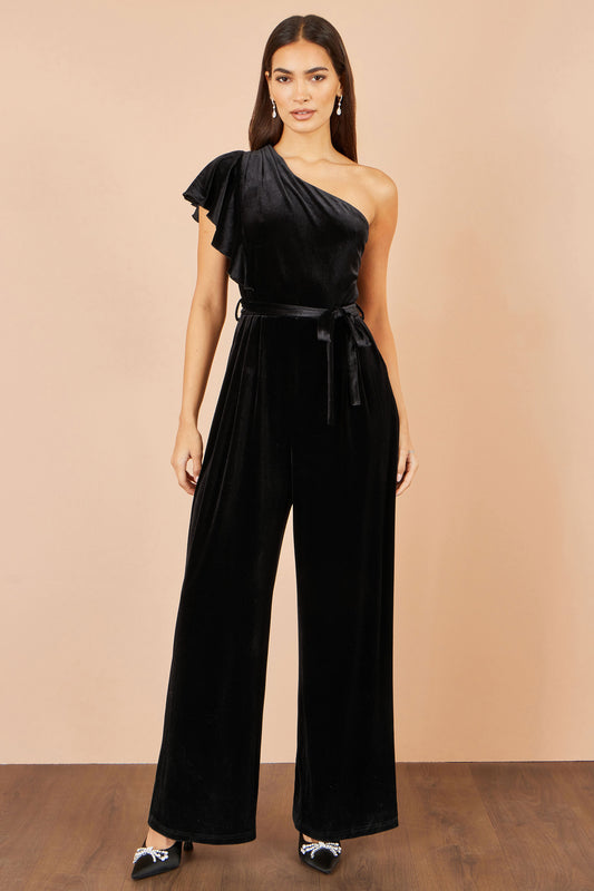Yumi Black One Shoulder Velvet Jumpsuit Jumpsuit Yumi