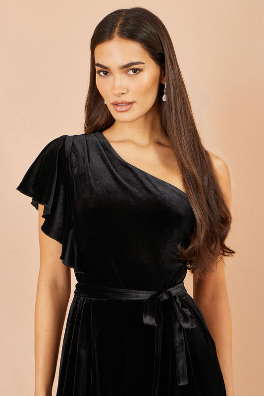Yumi Black One Shoulder Velvet Jumpsuit Jumpsuit Yumi