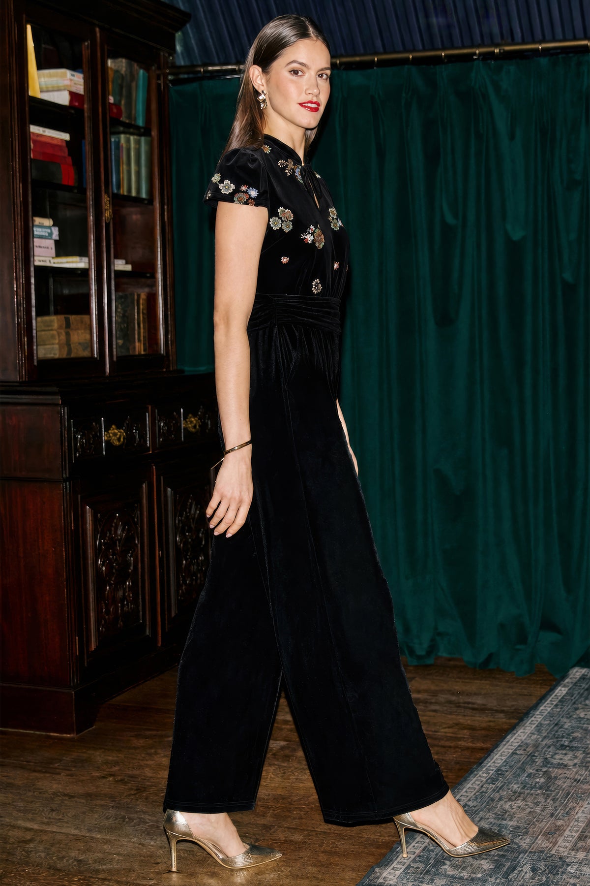 Yumi Black Luxe Velvet Embellished Jumpsuit Jumpsuit Yumi