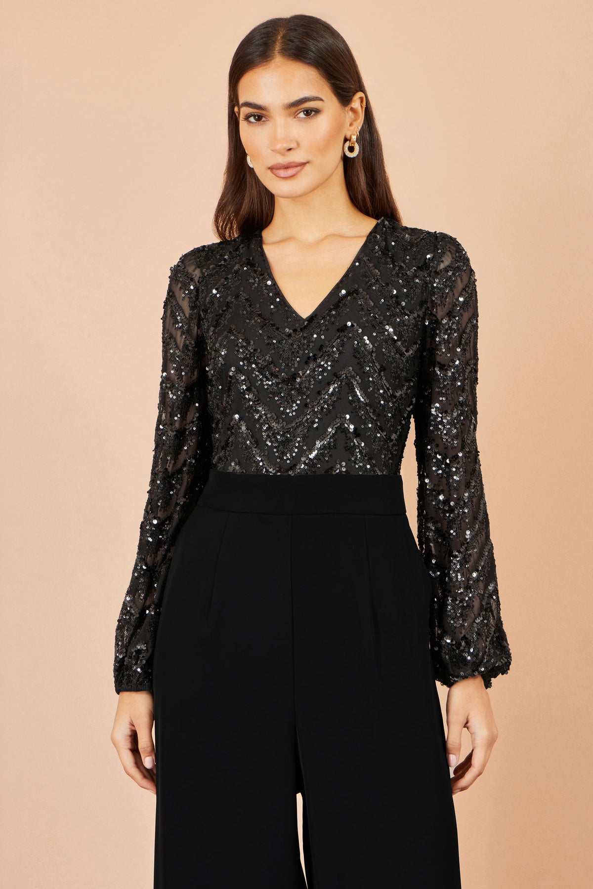 Yumi Black Sequin V Neck Jumpsuit Jumpsuit Yumi
