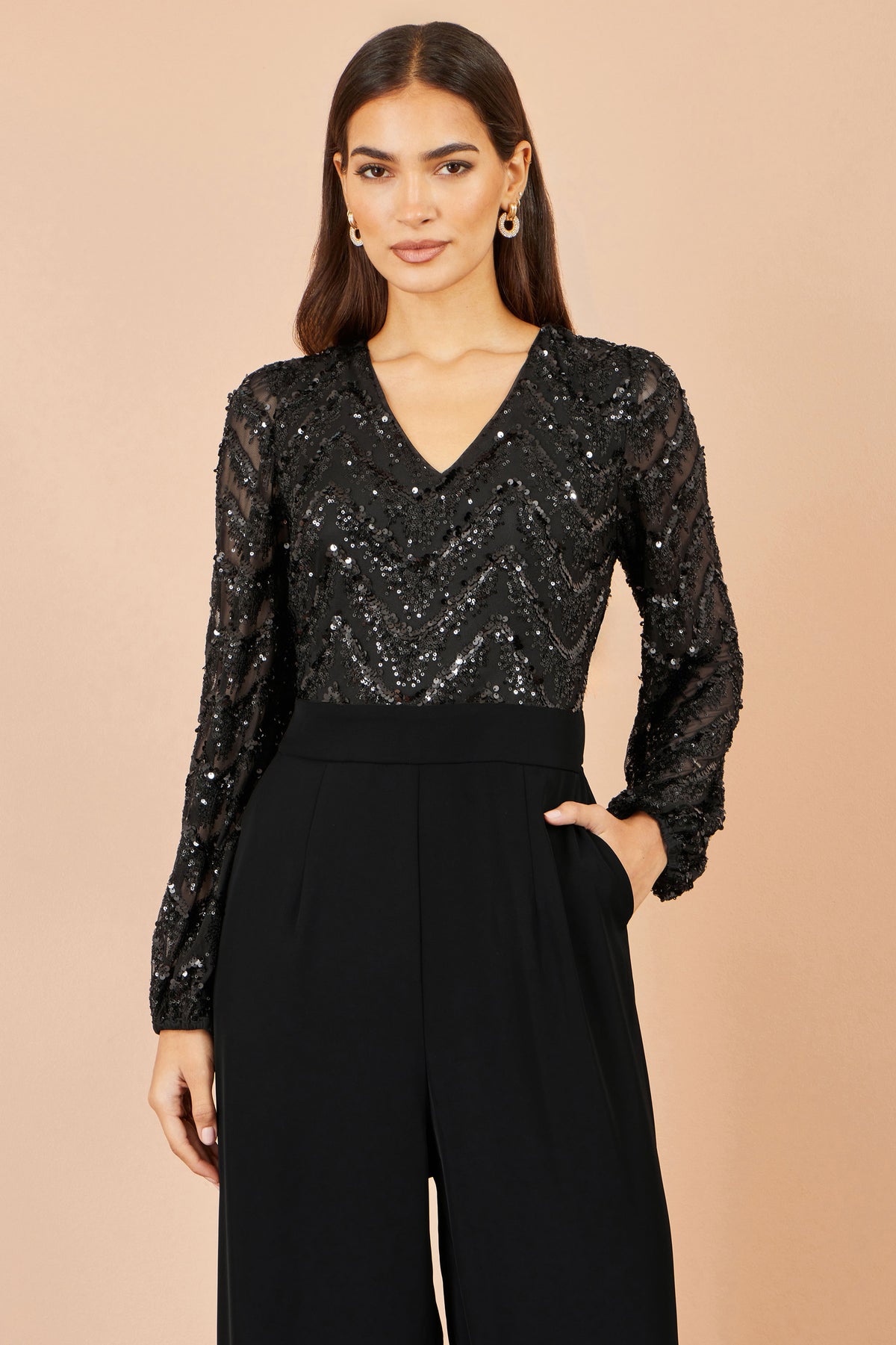 Yumi Black Sequin V Neck Jumpsuit Jumpsuit Yumi