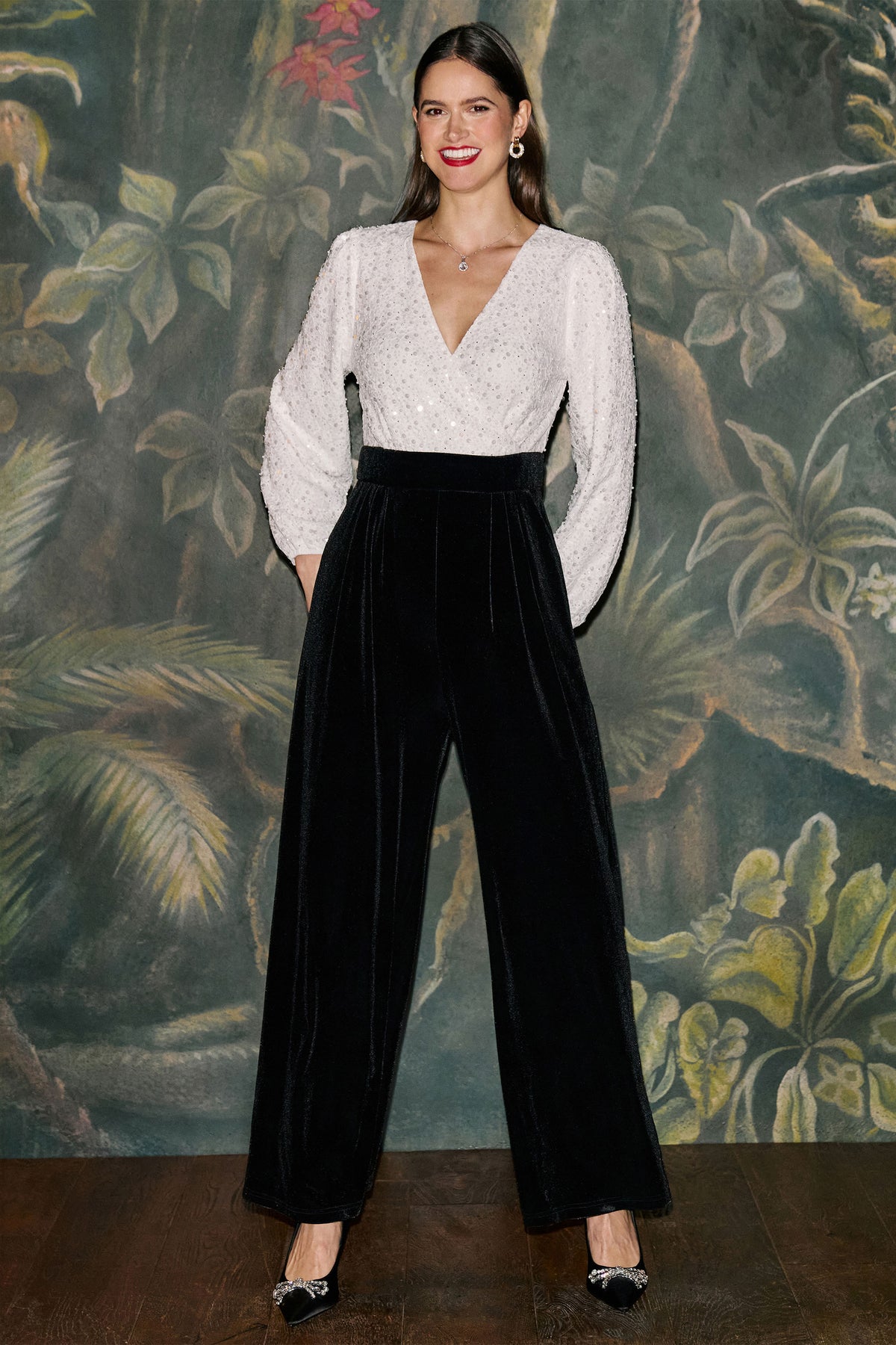 Yumi Ivory Embellished Pearl Sequin Velvet Jumpsuit Jumpsuit Yumi