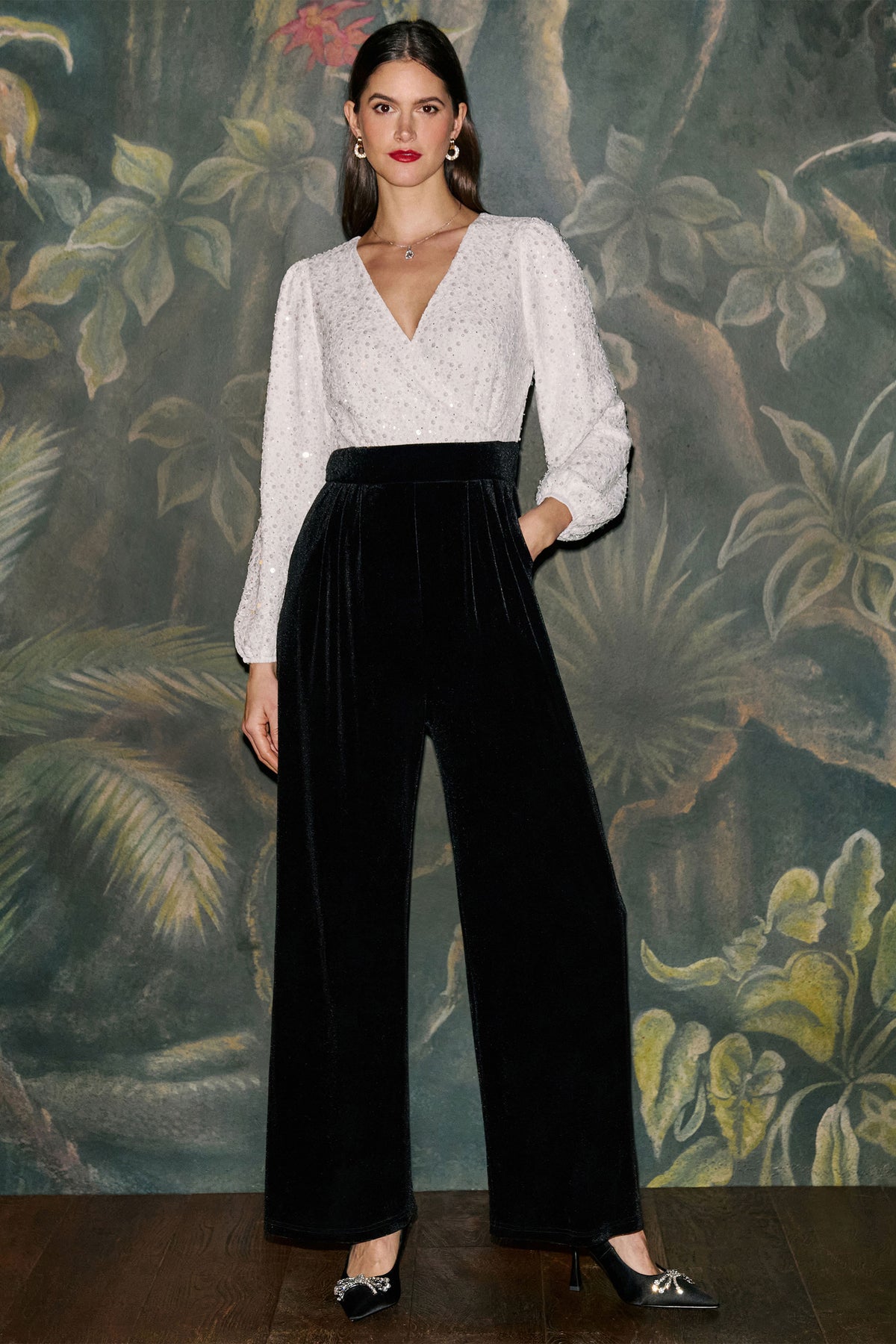 Yumi Ivory Embellished Pearl Sequin Velvet Jumpsuit Jumpsuit Yumi