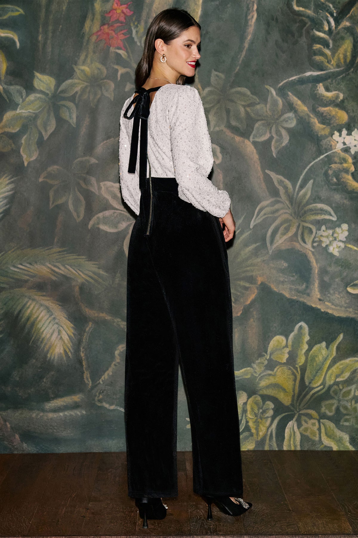 Yumi Ivory Embellished Pearl Sequin Velvet Jumpsuit Jumpsuit Yumi