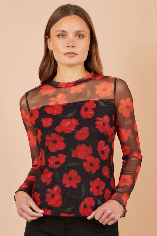Yumi Black Poppy Mesh Top Tops Yumi