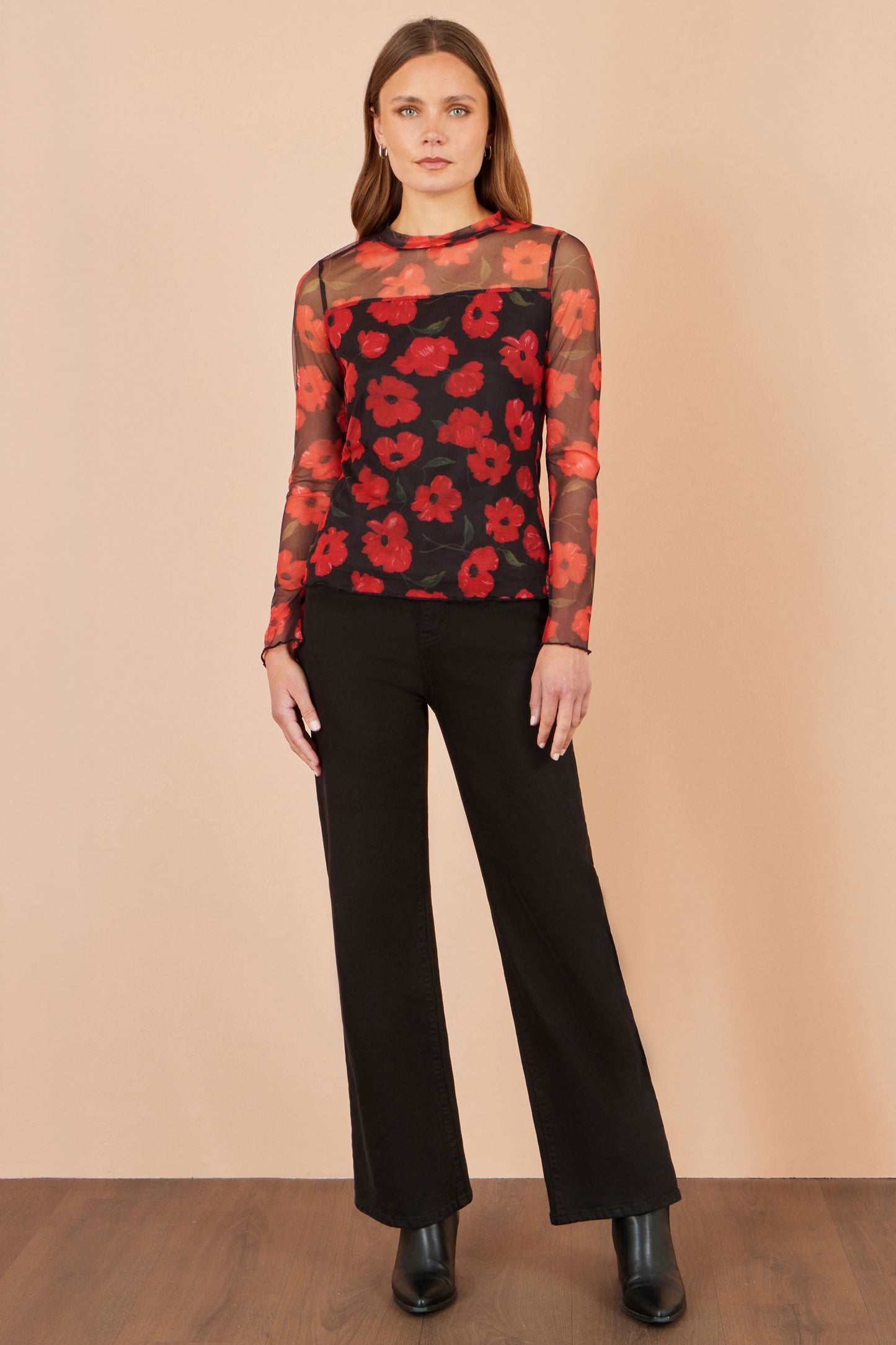 Yumi Black Poppy Mesh Top Tops Yumi