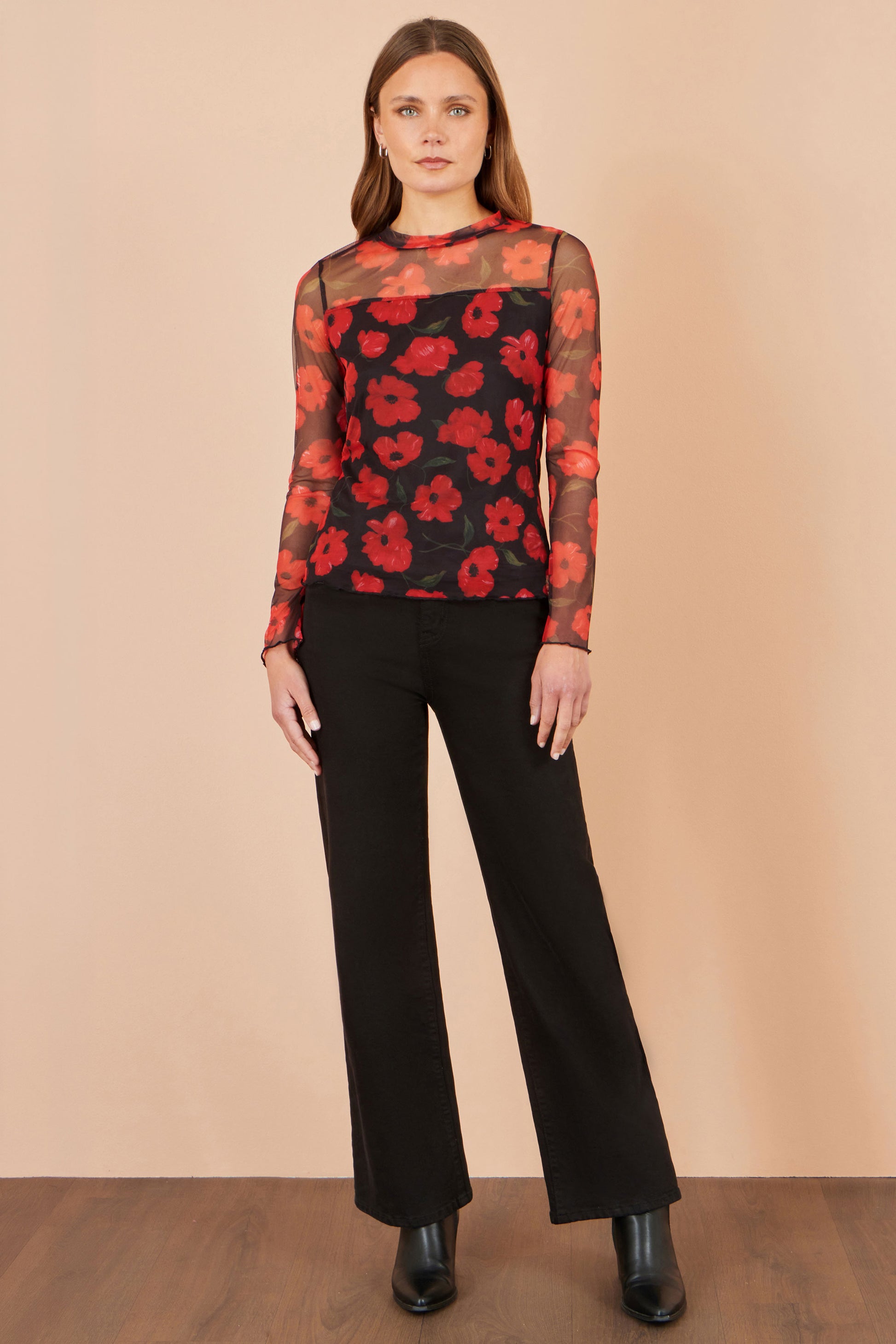 Yumi Black Poppy Mesh Top Tops Yumi