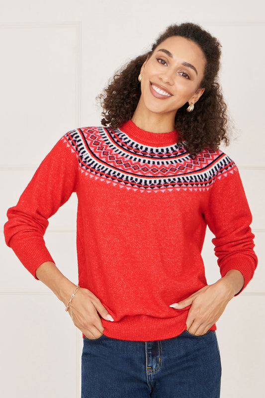 Yumi Red Relaxed Fairisle Jumper Knit Xmas Jumper Yumi