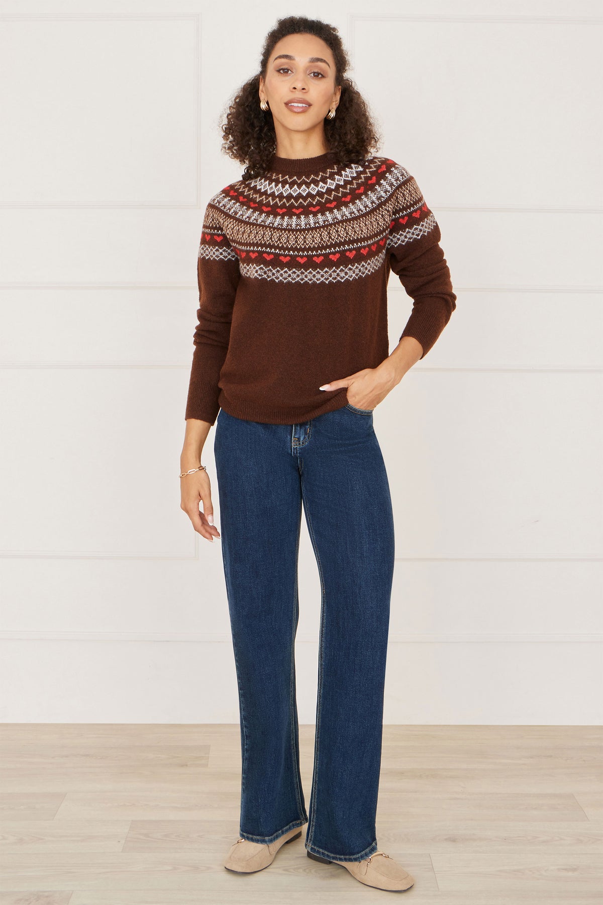 Yumi Brown Relaxed Fairisle Jumper Knit Xmas Jumper Yumi