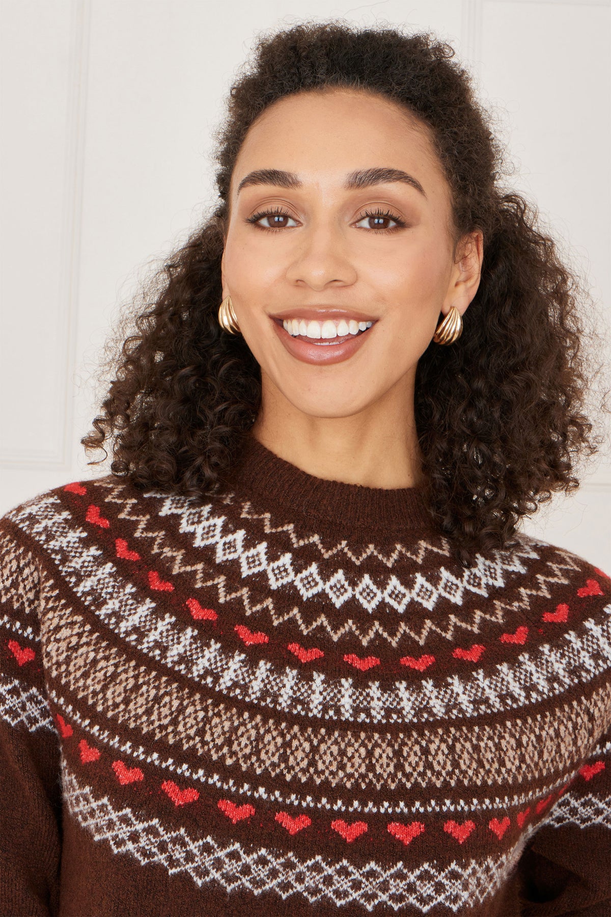 Yumi Brown Relaxed Fairisle Jumper Knit Xmas Jumper Yumi