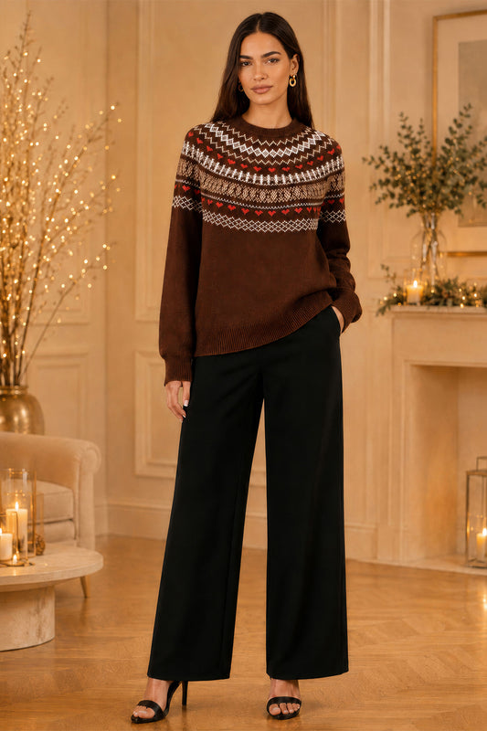 Yumi Brown Relaxed Fairisle Jumper Knit Xmas Jumper Yumi