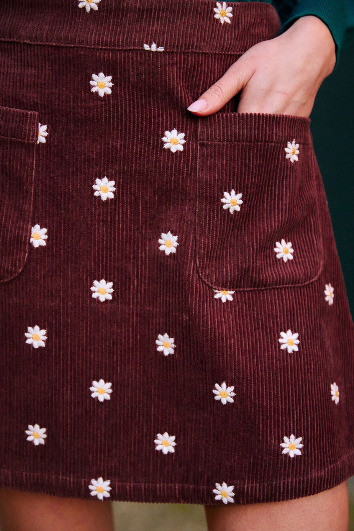Yumi Brown Daisy Embroidered Cord Mini Skirt SKIRT Yumi