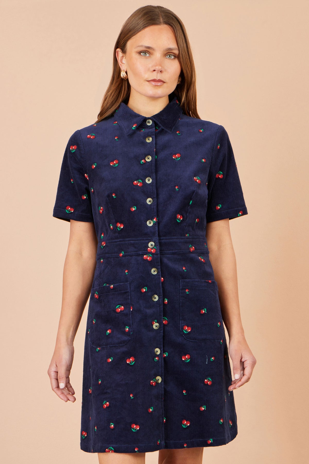 Yumi Navy Embroidered Cherry Shirt Dress Dress Casual Yumi