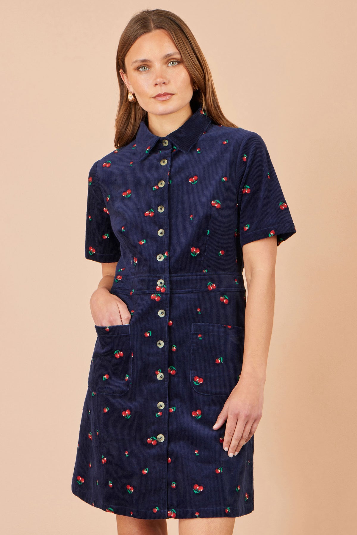 Yumi Navy Embroidered Cherry Shirt Dress Dress Casual Yumi