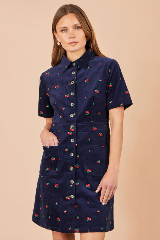 Yumi Navy Embroidered Cherry Shirt Dress Dress Casual Yumi