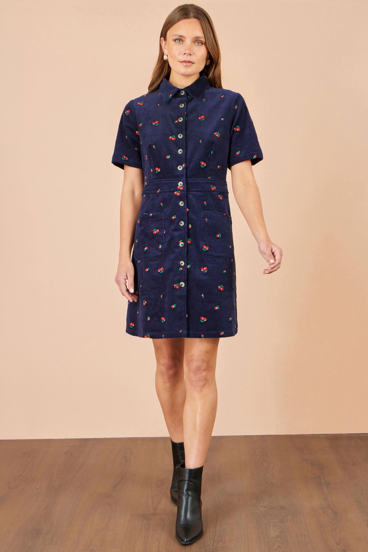 Yumi Navy Embroidered Cherry Shirt Dress Dress Casual Yumi
