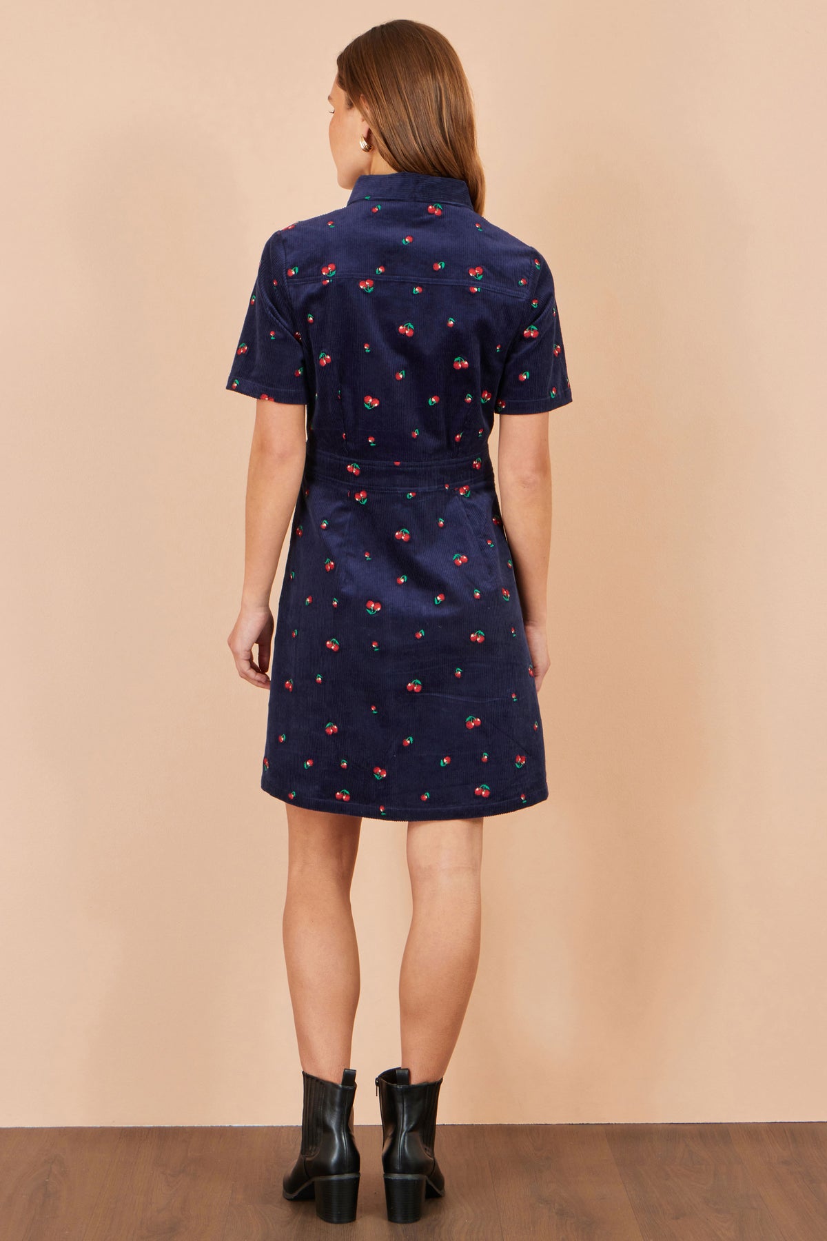 Yumi Navy Embroidered Cherry Shirt Dress Dress Casual Yumi