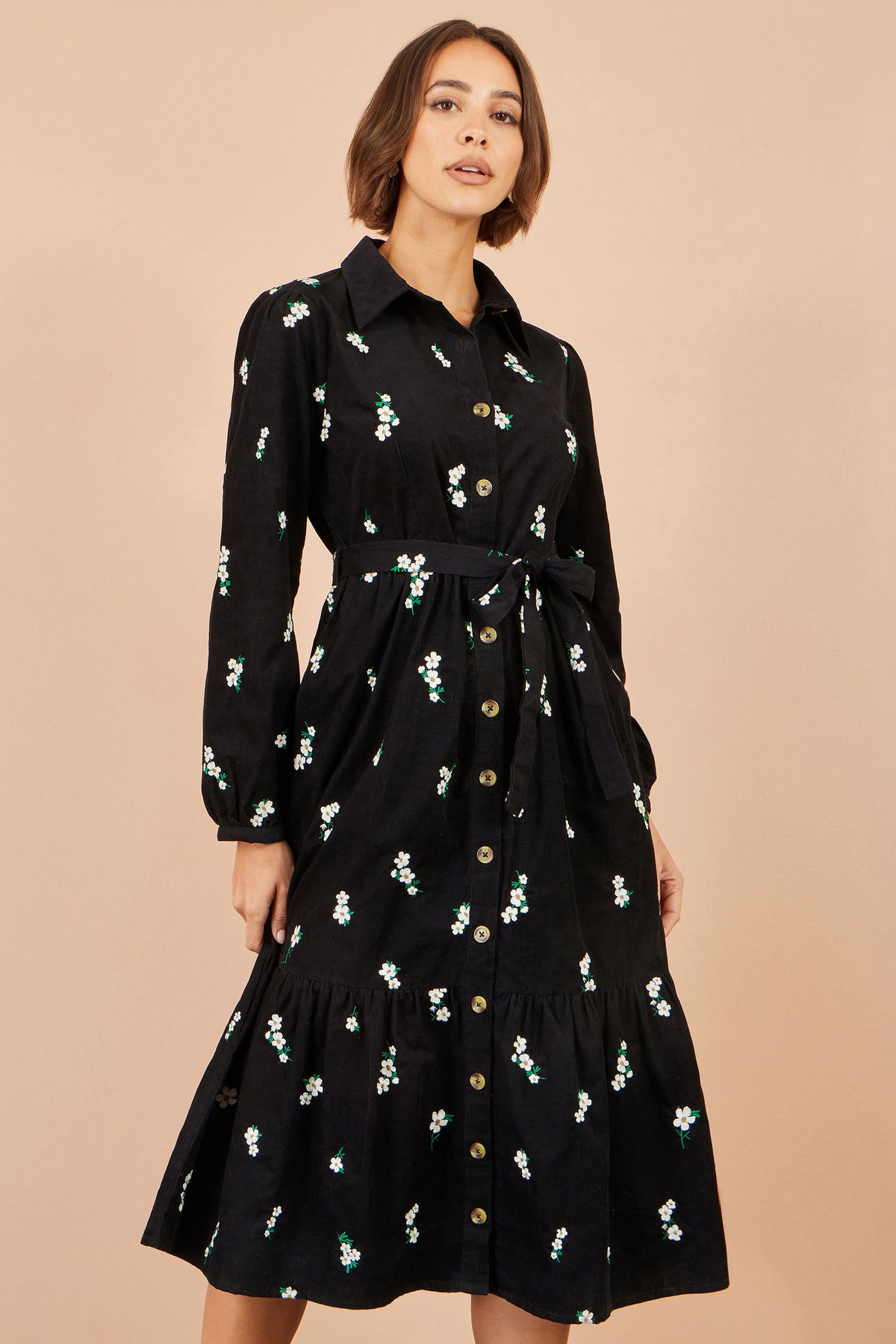 Yumi Black Daisy Embroidered Cord Shirt Dress Dress Casual Yumi