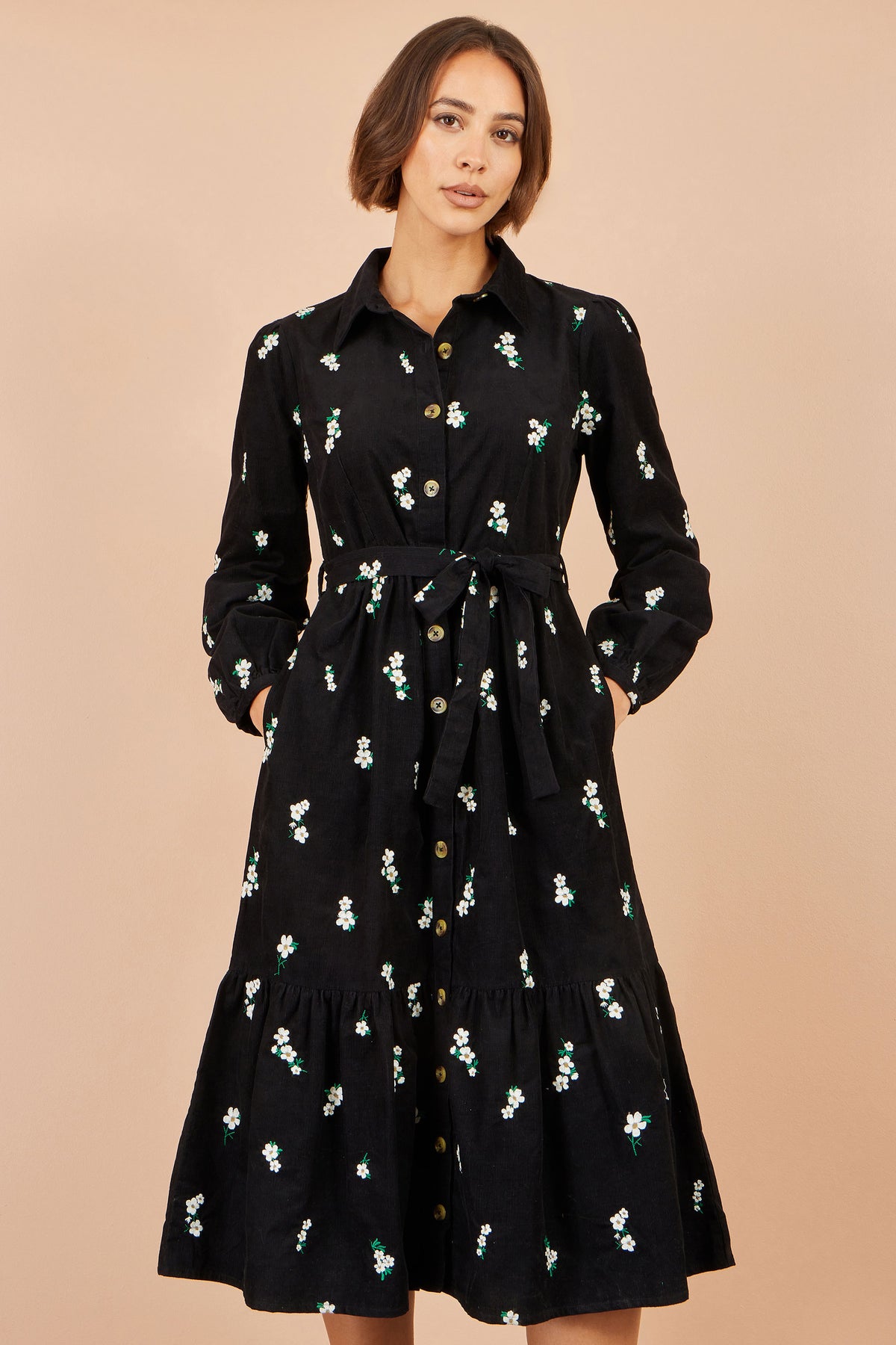 Yumi Black Daisy Embroidered Cord Shirt Dress Dress Casual Yumi