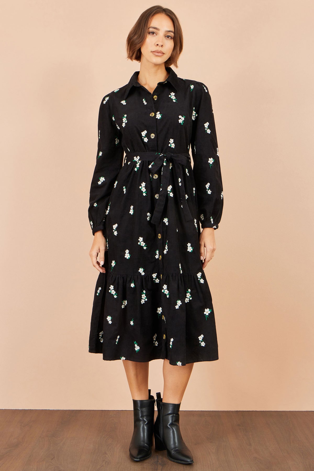 Yumi Black Daisy Embroidered Cord Shirt Dress Dress Casual Yumi