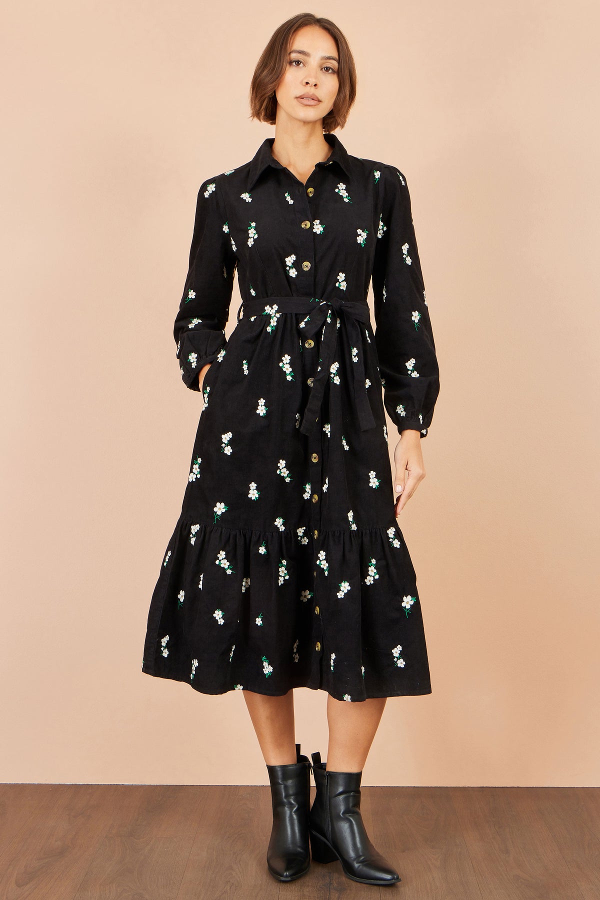 Yumi Black Daisy Embroidered Cord Shirt Dress Dress Casual Yumi