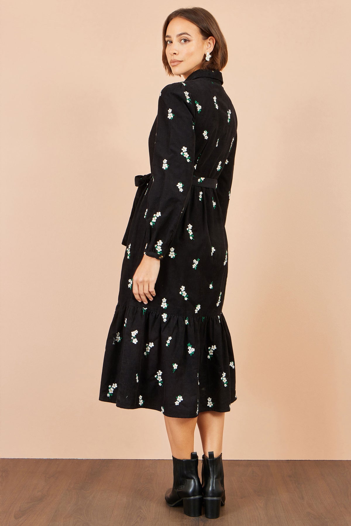 Yumi Black Daisy Embroidered Cord Shirt Dress Dress Casual Yumi