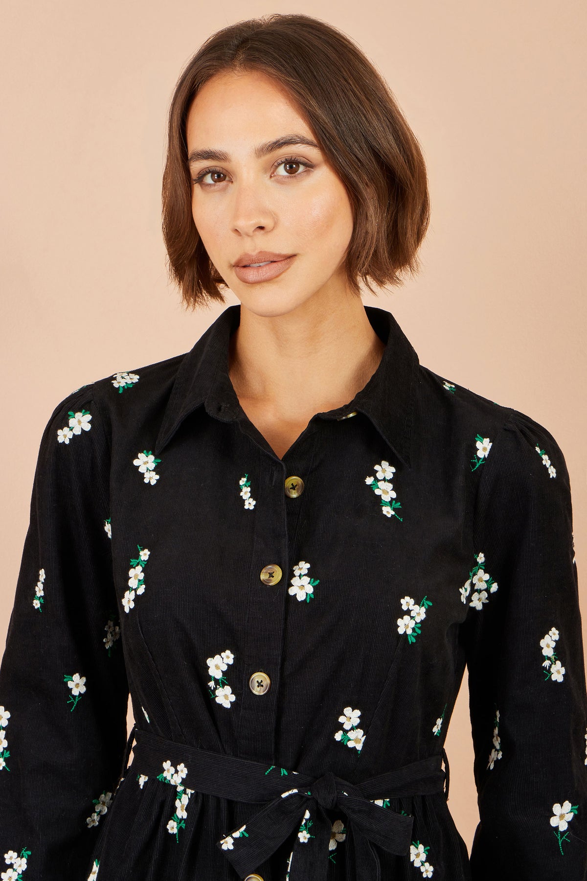 Yumi Black Daisy Embroidered Cord Shirt Dress Dress Casual Yumi