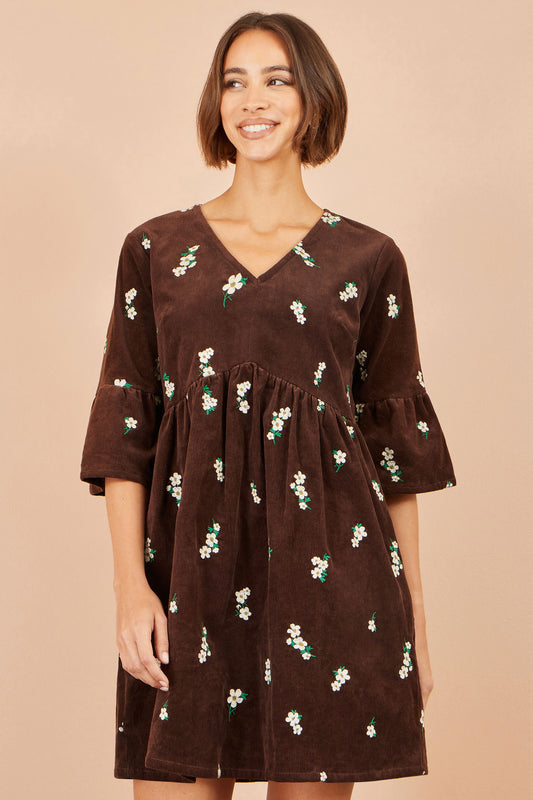 Yumi Brown Embroidered Daisy Cord Dress Dress Casual Yumi