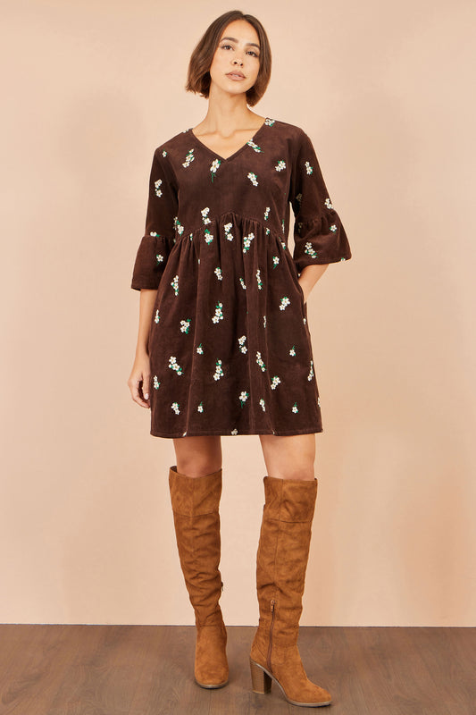 Yumi Brown Embroidered Daisy Cord Dress Dress Casual Yumi