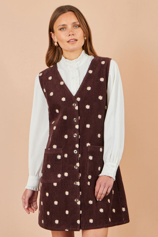 Yumi Brown Embroidered Daisy Pinafore Dress Dress Casual Yumi