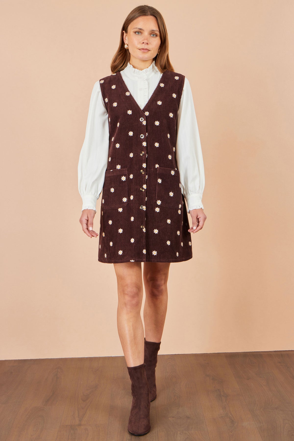 Yumi Brown Embroidered Daisy Pinafore Dress Dress Casual Yumi