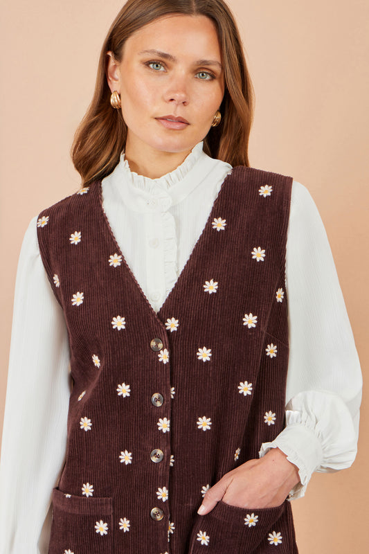 Yumi Brown Embroidered Daisy Pinafore Dress Dress Casual Yumi