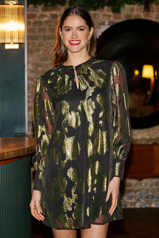 Yumi Gold Metallic Abstract Floral Tunic Dress Party Yumi