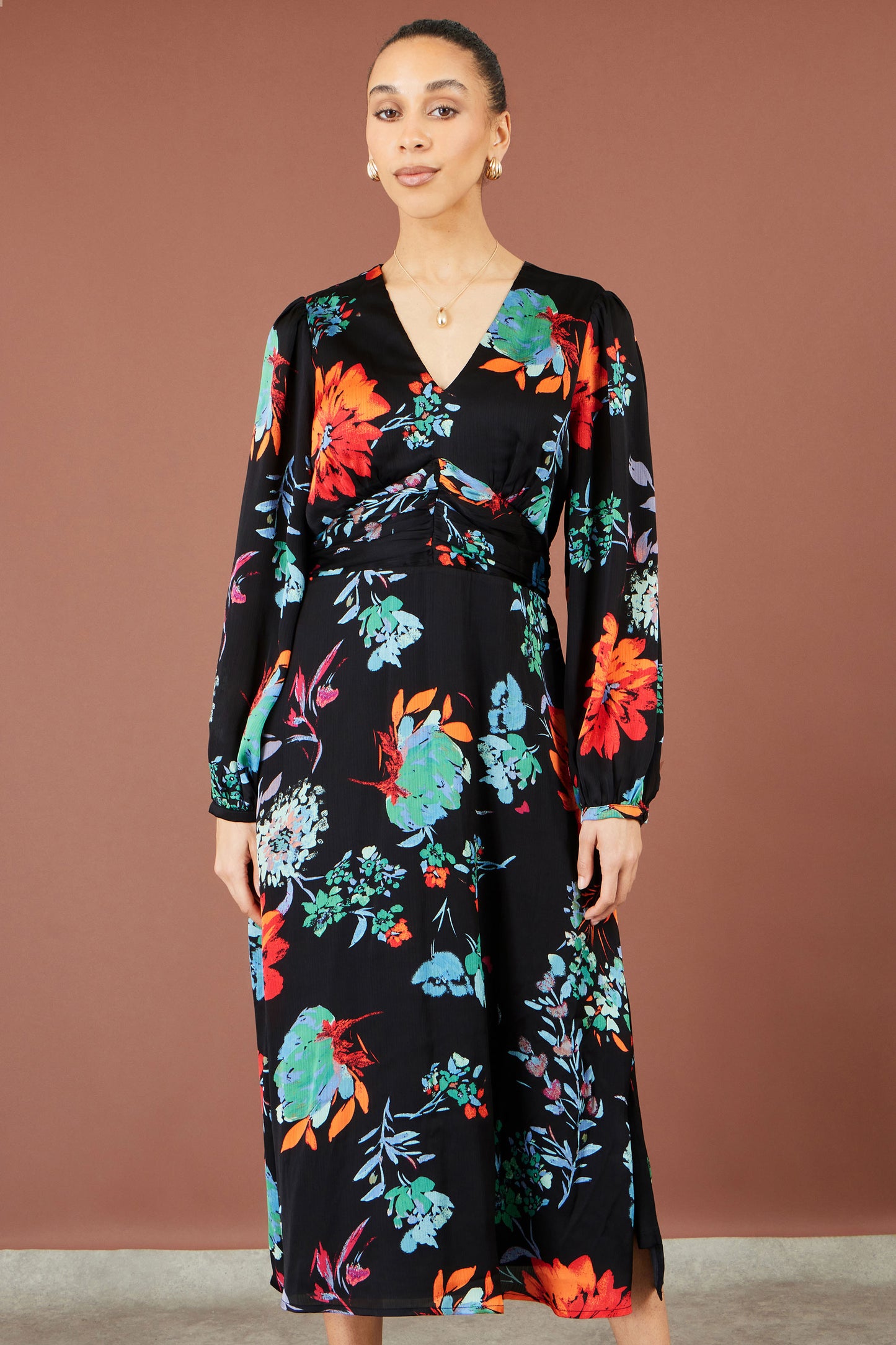 Yumi Black Floral Midi Dress With Long Sleeves Dress Occasion Yumi