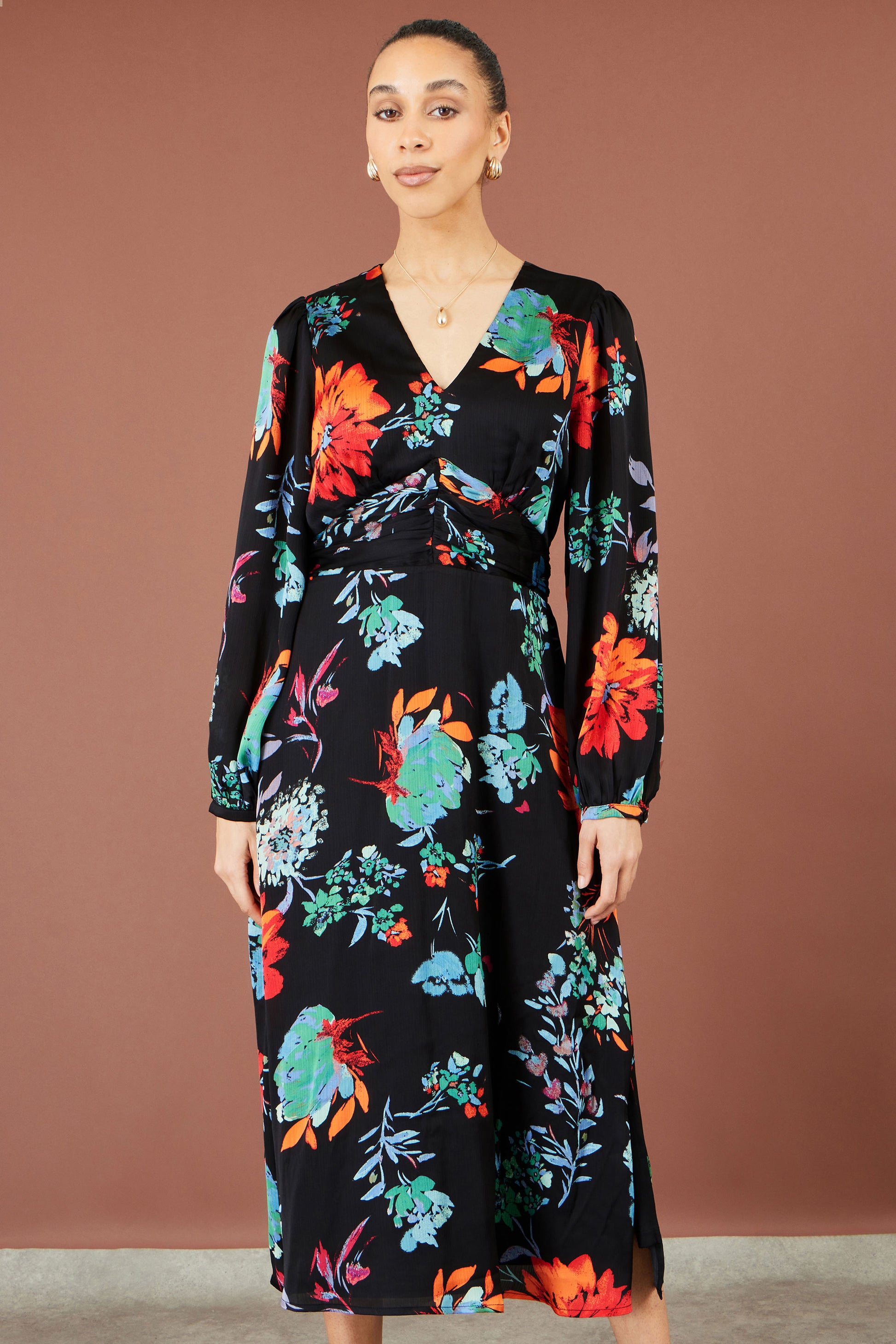 Yumi Black Floral Midi Dress With Long Sleeves Dress Occasion Yumi