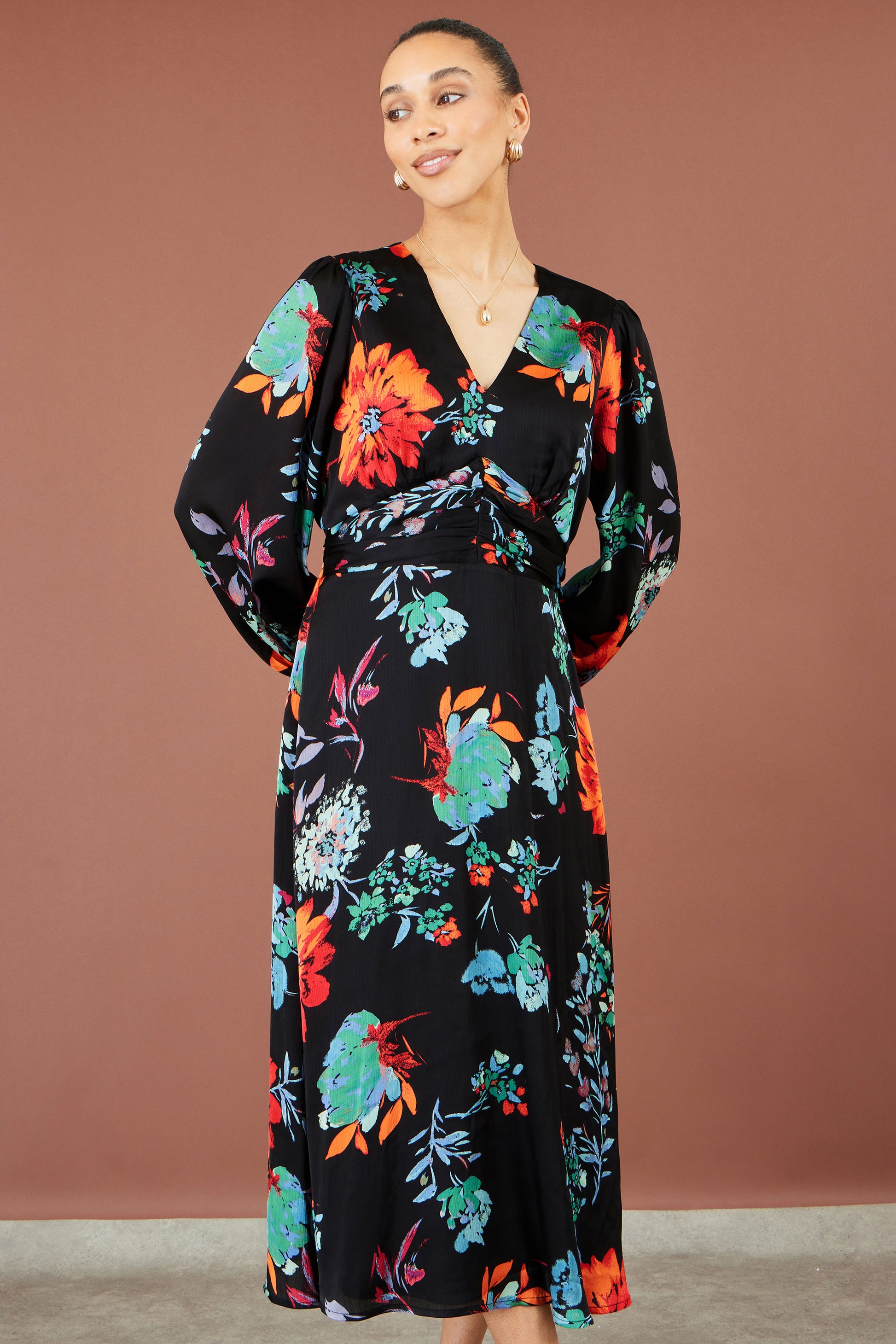 Yumi Black Floral Midi Dress With Long Sleeves Dress Occasion Yumi