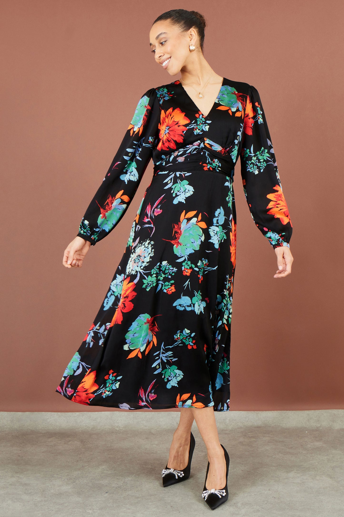 Yumi Black Floral Midi Dress With Long Sleeves Dress Occasion Yumi