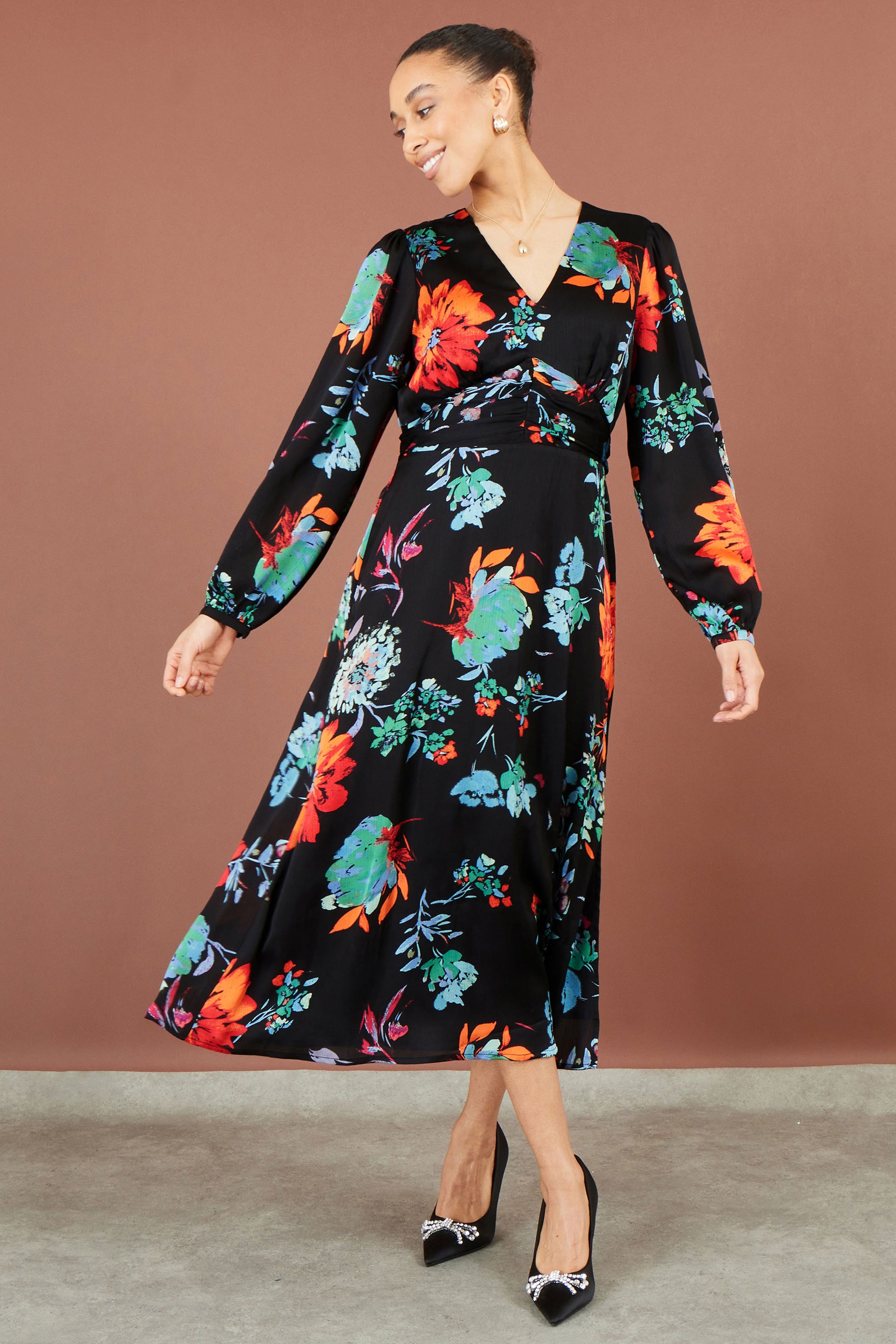 Yumi Black Floral Midi Dress With Long Sleeves Dress Occasion Yumi