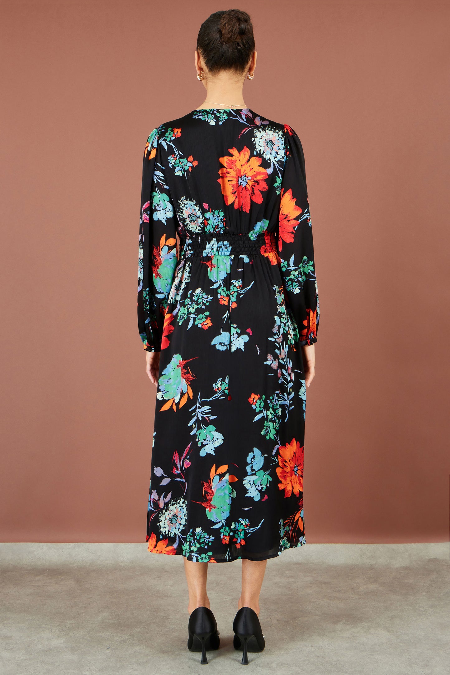 Yumi Black Floral Midi Dress With Long Sleeves Dress Occasion Yumi