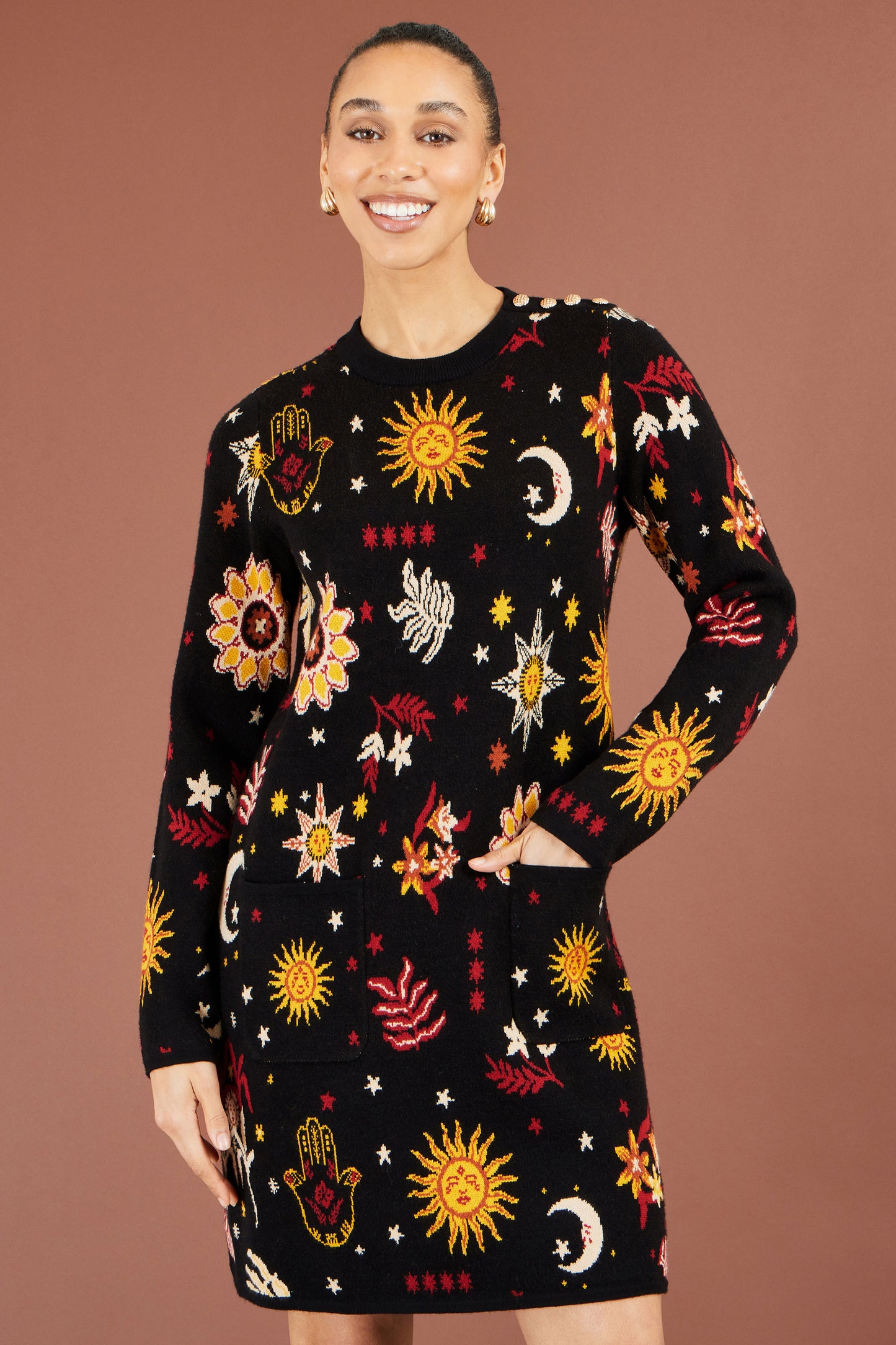 Yumi Black Cosmic Intarsia Knitted Tunic Dress Knit Dress Yumi