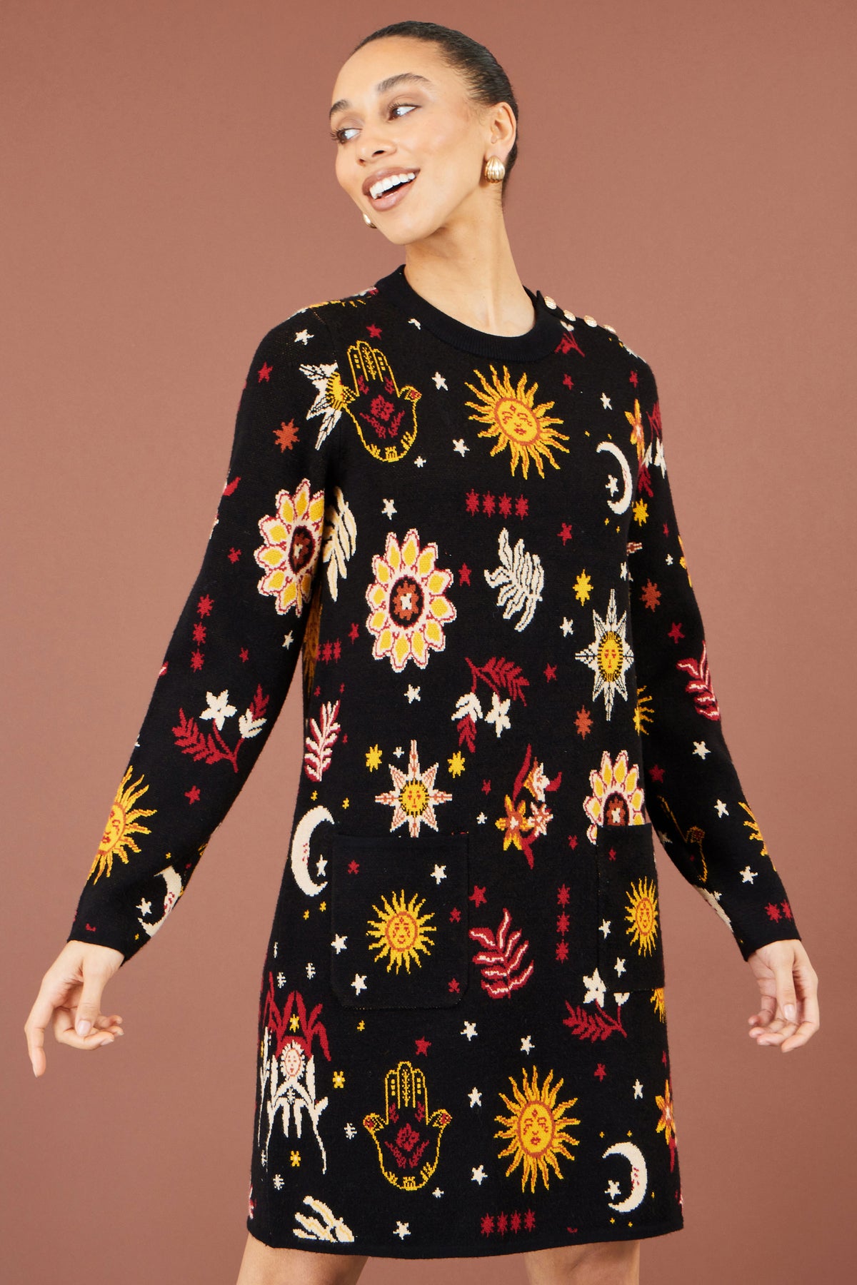 Yumi Black Cosmic Intarsia Knitted Tunic Dress Knit Dress Yumi