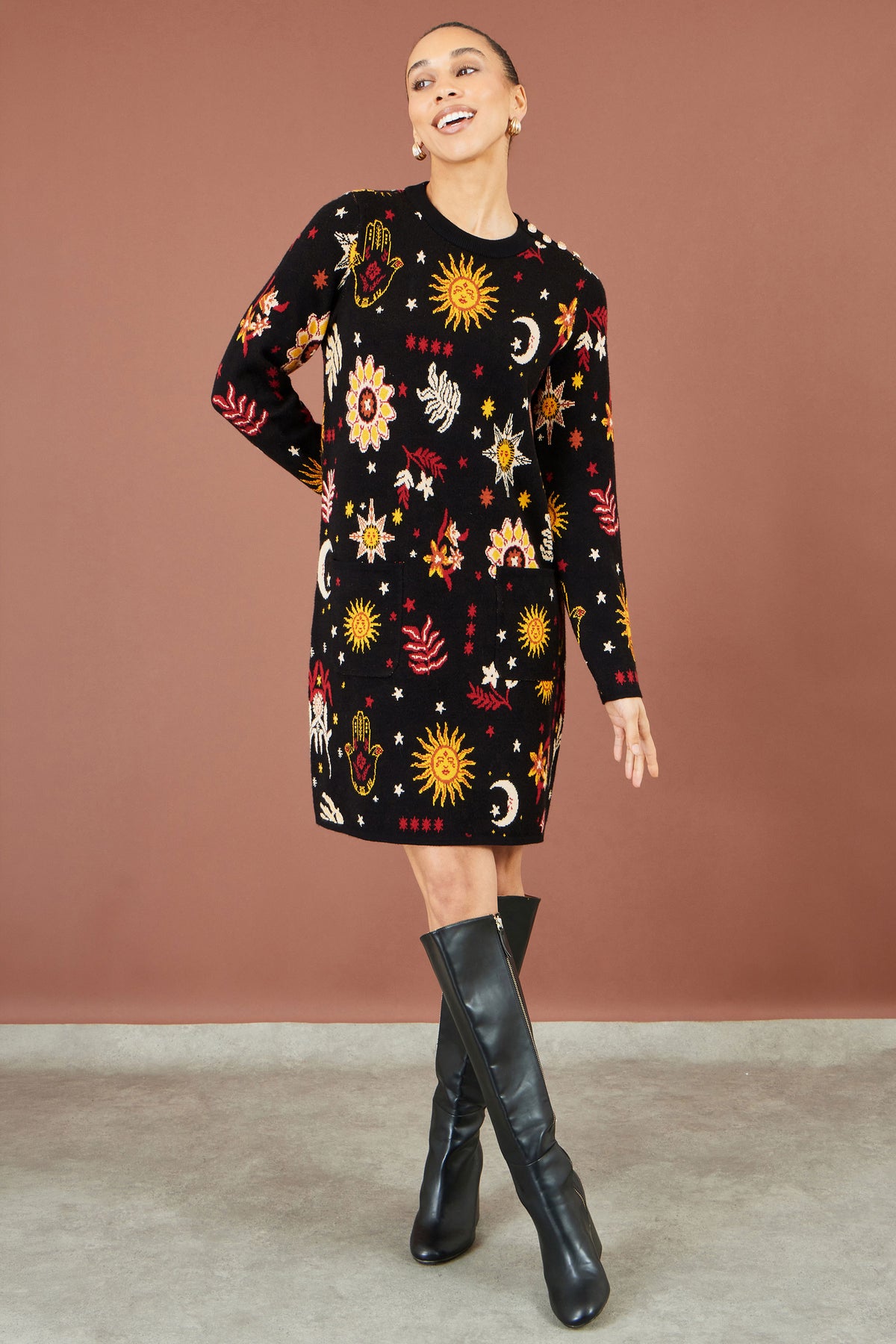 Yumi Black Cosmic Intarsia Knitted Tunic Dress Knit Dress Yumi