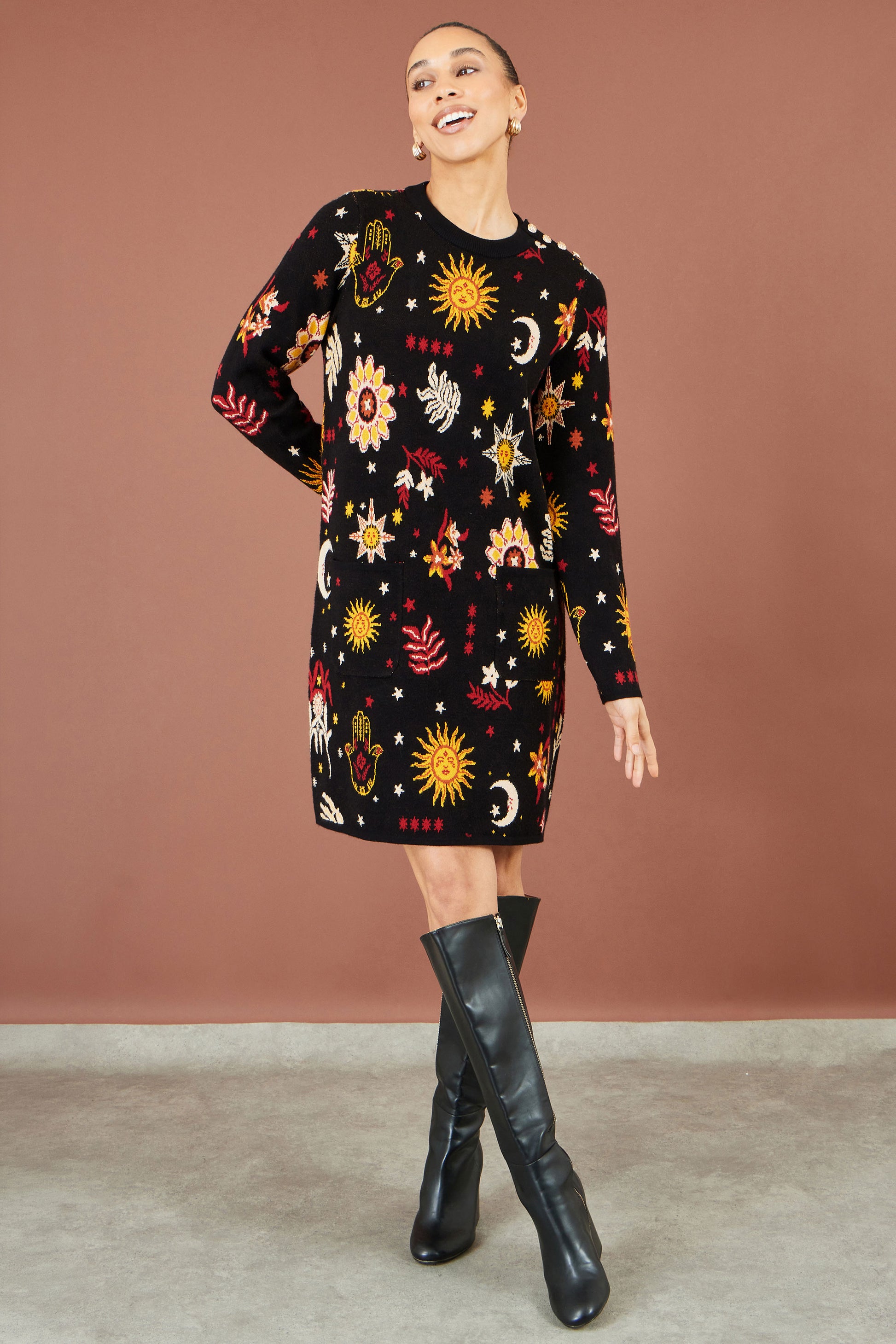 Yumi Black Cosmic Intarsia Knitted Tunic Dress Knit Dress Yumi
