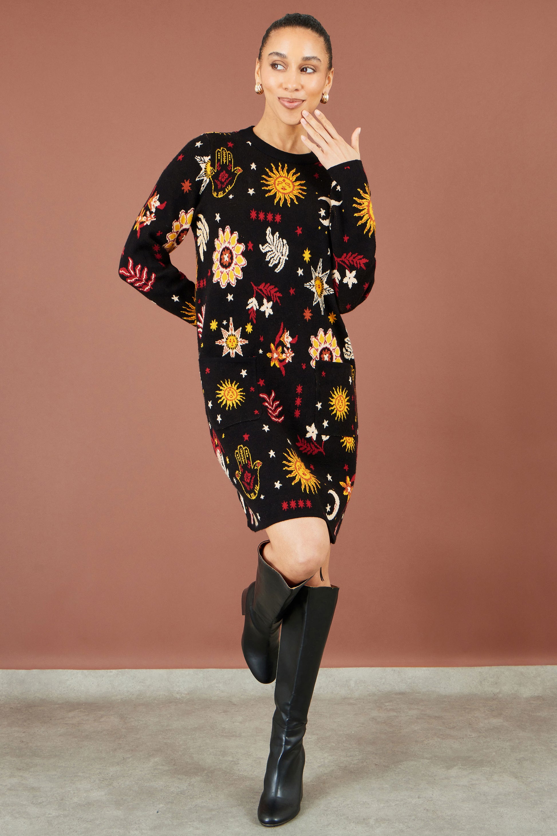 Yumi Black Cosmic Intarsia Knitted Tunic Dress Knit Dress Yumi