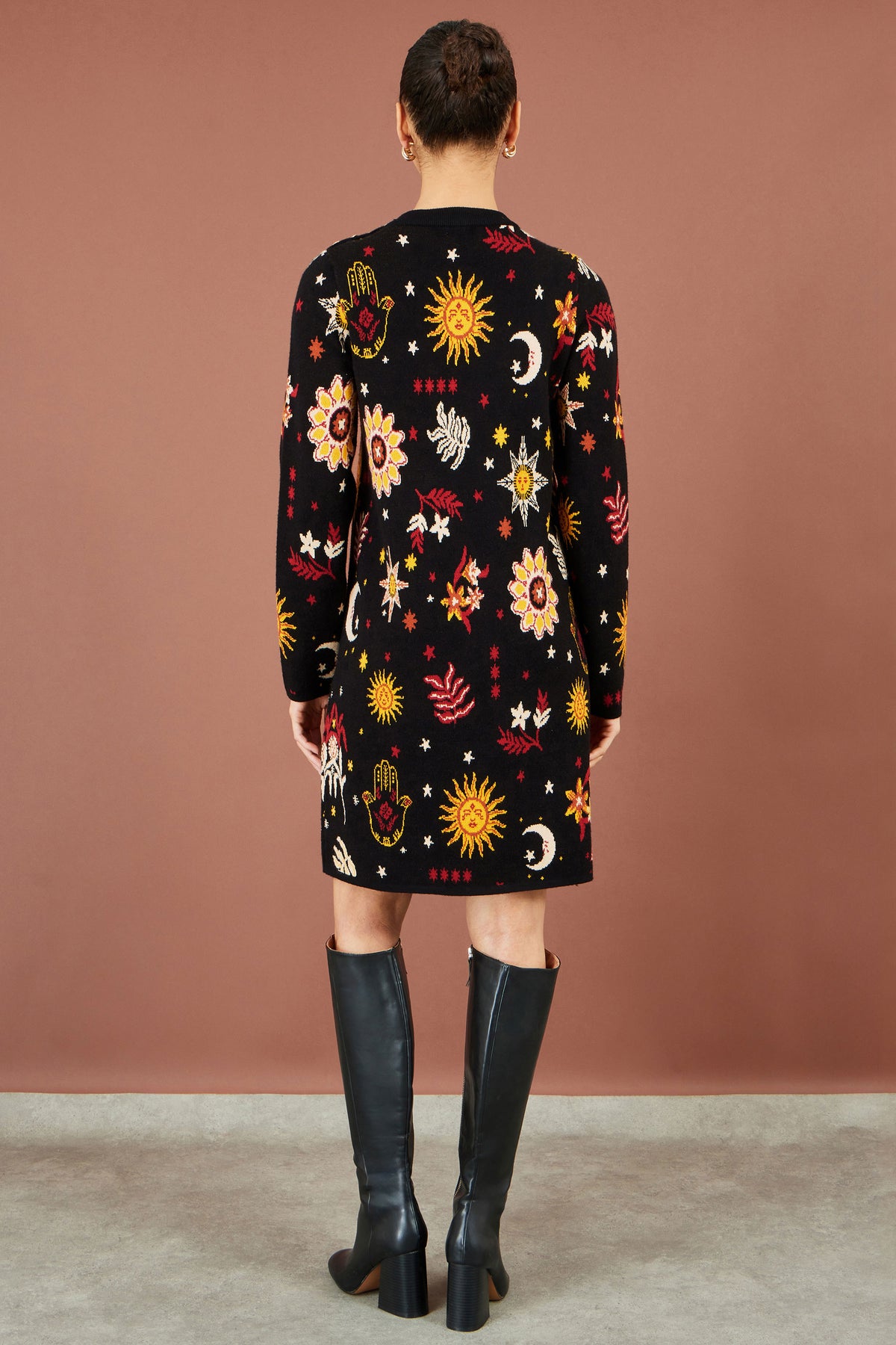 Yumi Black Cosmic Intarsia Knitted Tunic Dress Knit Dress Yumi