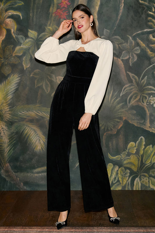 Yumi Black Tuxedo Style Velvet Jumpsuit Jumpsuit Yumi