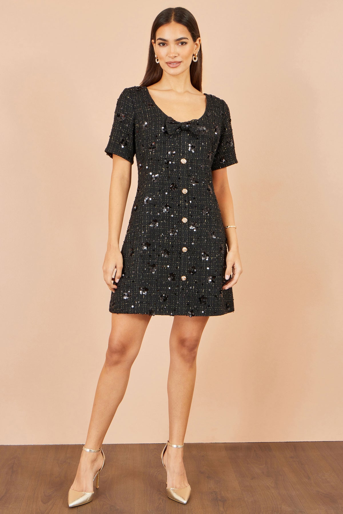 Yumi Black Boucle Sequin Bow Mini Dress Dress Party Yumi