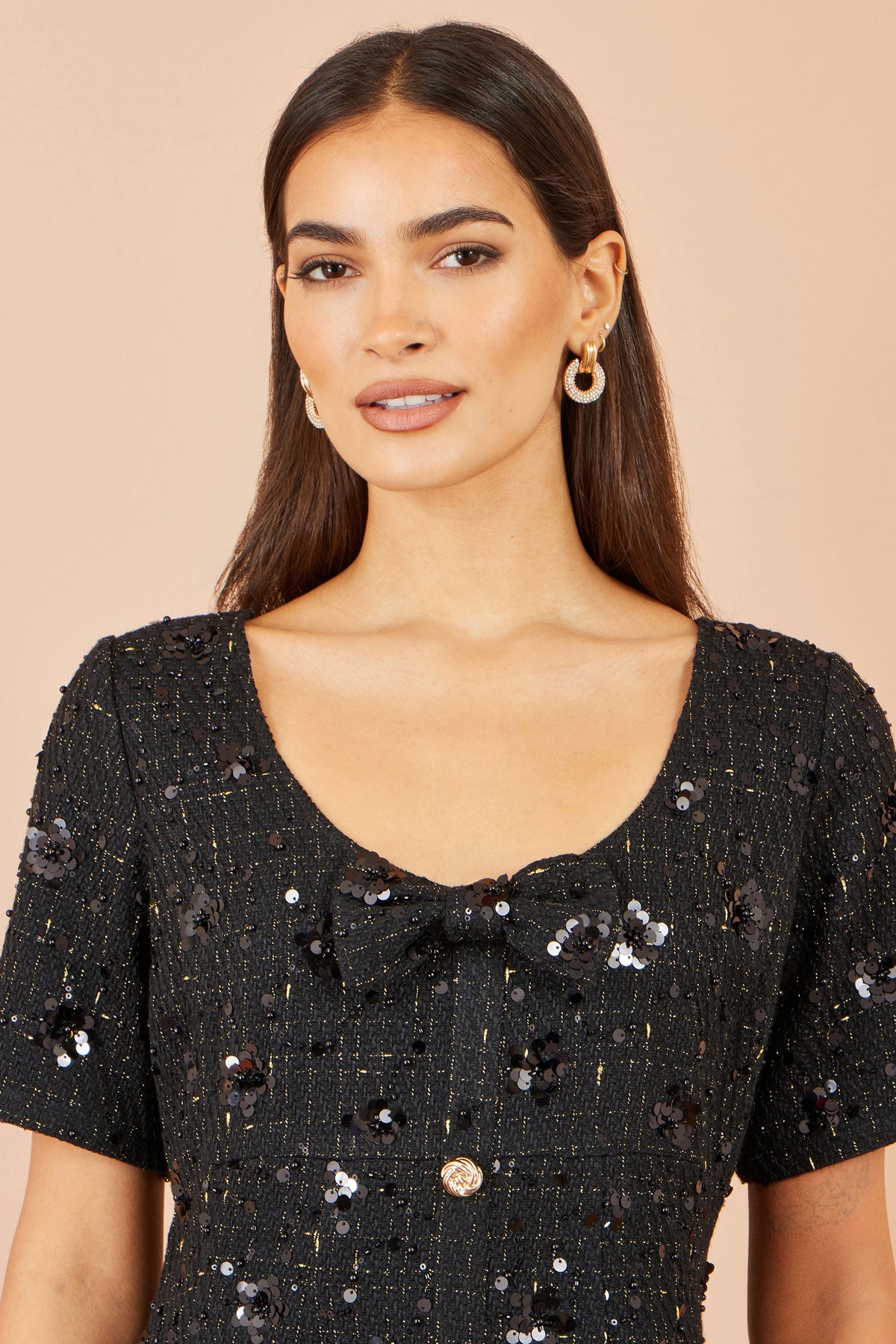 Yumi Black Boucle Sequin Bow Mini Dress Dress Party Yumi
